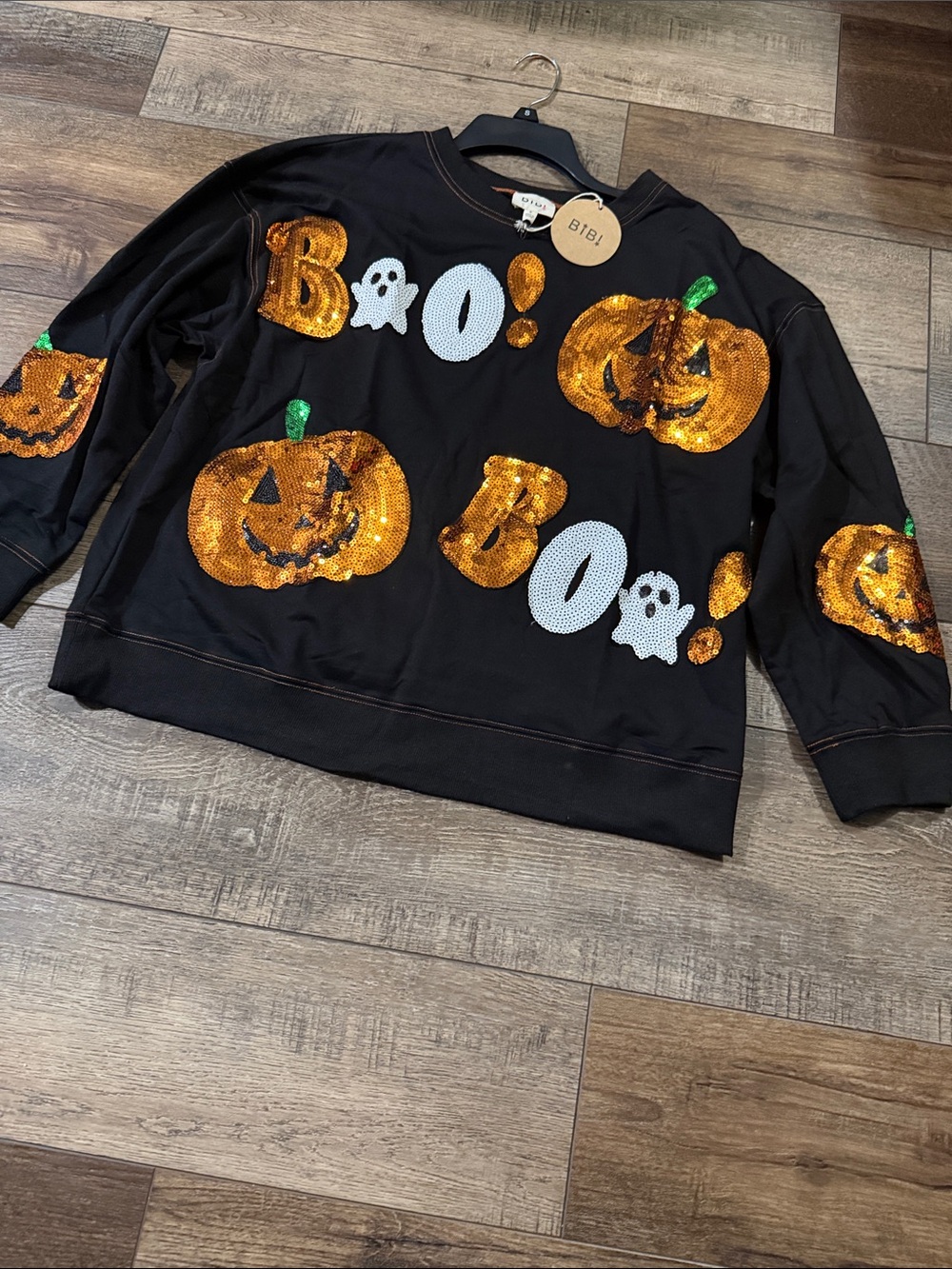 BiBi Black & Orange Sequin Pumpkin 'BOO' Halloween Sweatshirt - Picture 3 of 5